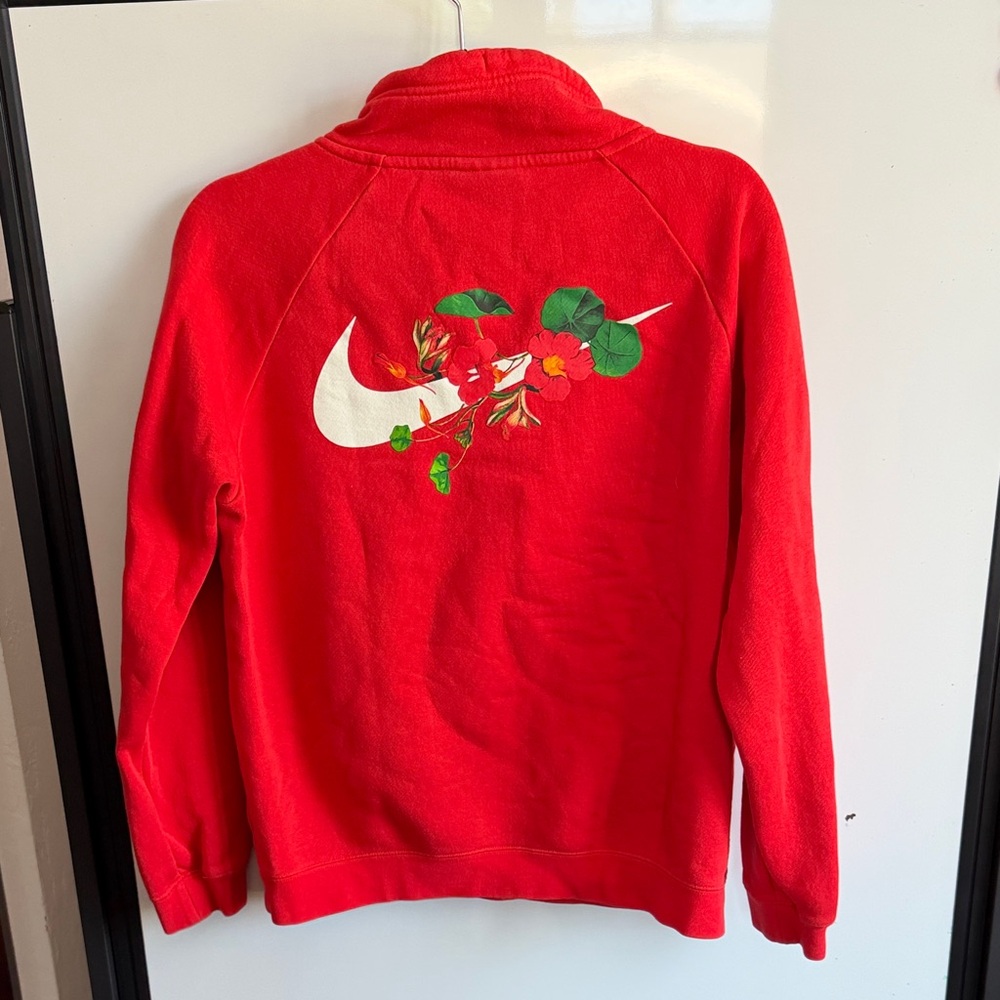 Nike Red Half-Zip Sweatshirt with White Swoosh and Floral Patch